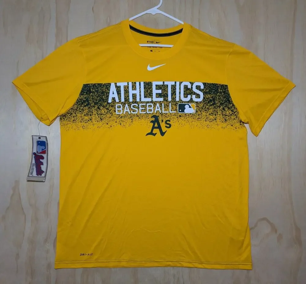 Nike Men's XL Oakland Athletic Dri-FIT Cracks Crew Neck Tee Yellow Cotton NEW
